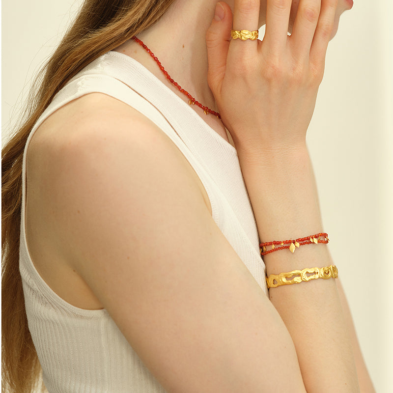 OINICIO Seed Gilt Leaf Red Agate Double-Layer Chain Bracelet