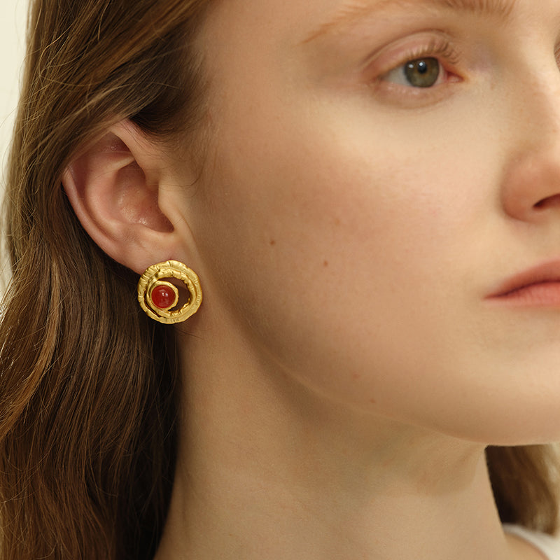 OINICIO Gold Curled Fern Gemstone Stud Earrings