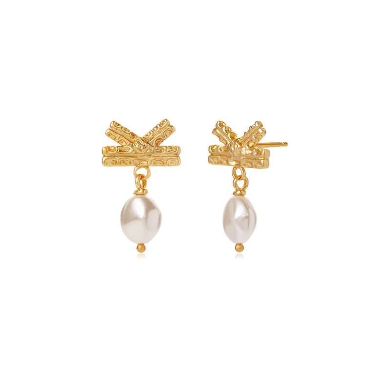 OINICIO NanKe Gold Lace Bow Pearl Stud Earrings