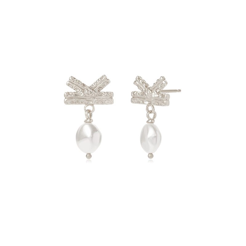 OINICIO NanKe Silver Lace Bow Pearl Stud Earrings
