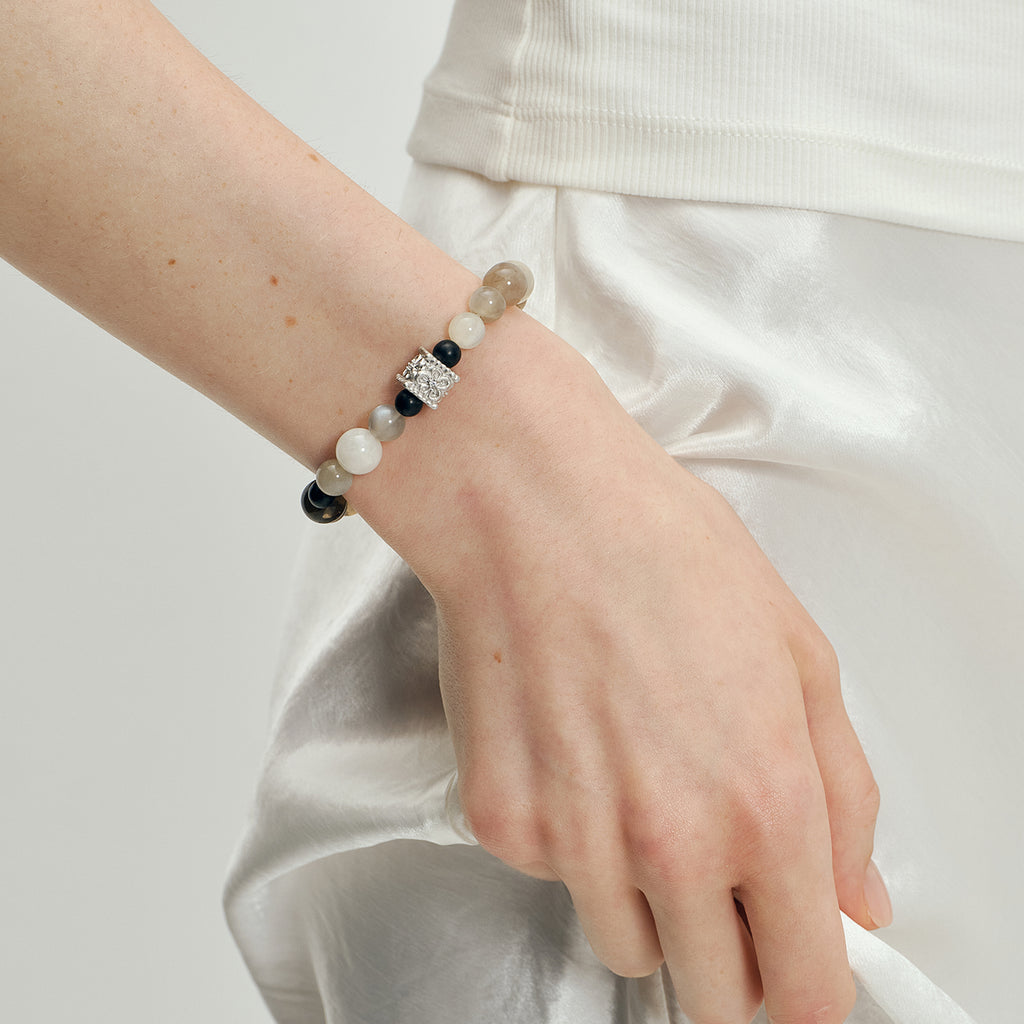 OINICIO VALURI Multi‑Stone Sandalwood Beaded Bracelet, Silver‑Tone