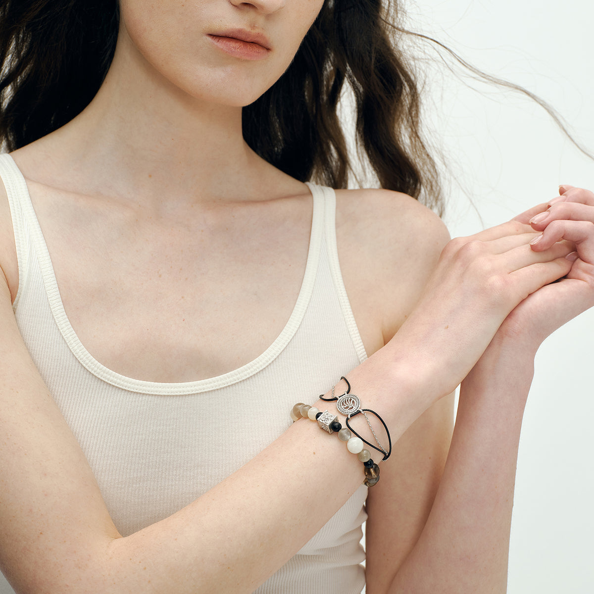 OINICIO VALURI Multi‑Stone Sandalwood Beaded Bracelet, Silver‑Tone
