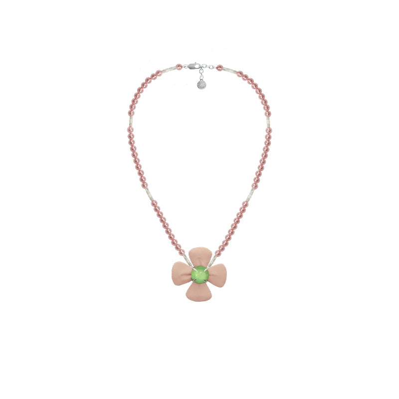 OINICIO Comfort Zone Pink Leather Flower Necklace with Prasiolite and Shell Pearls