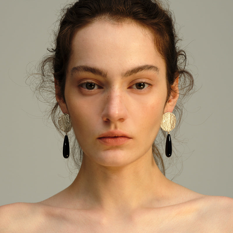 OINICIO Moonquake Round Black Agate Teardrop Earrings