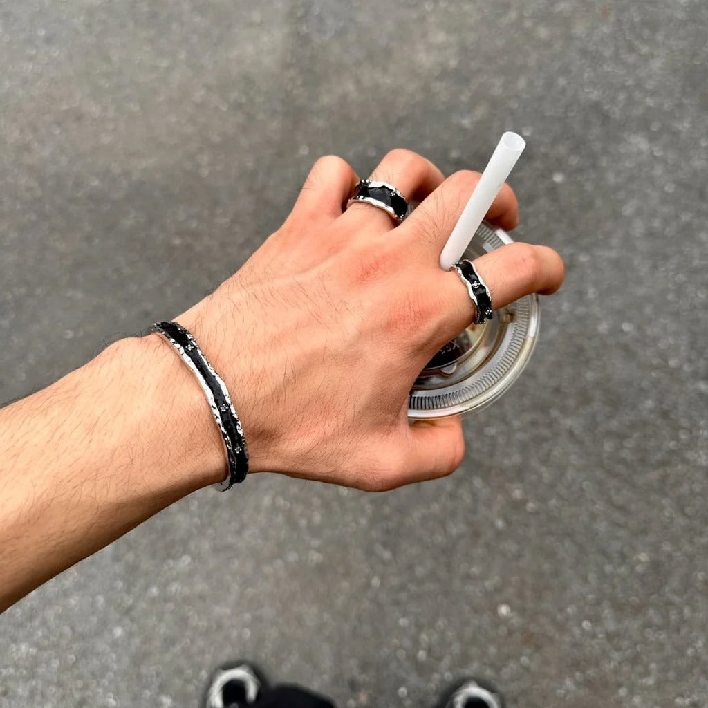 OINICIO Men's Sediment Black Wide Ring with Zirconia, Size 20#