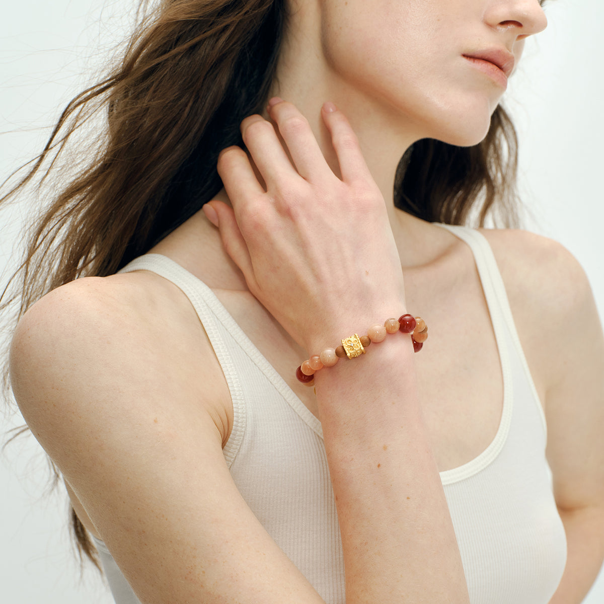 OINICIO VALURI Multi‑Stone Sandalwood Beaded Bracelet, Gold‑Tone