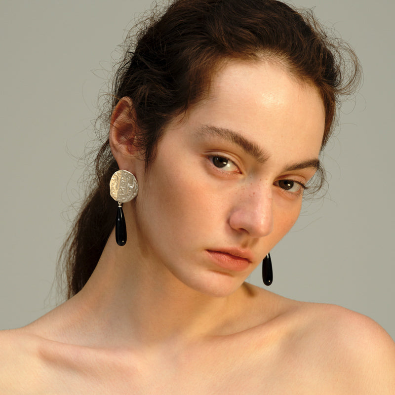 OINICIO Moonquake Round Black Agate Teardrop Earrings