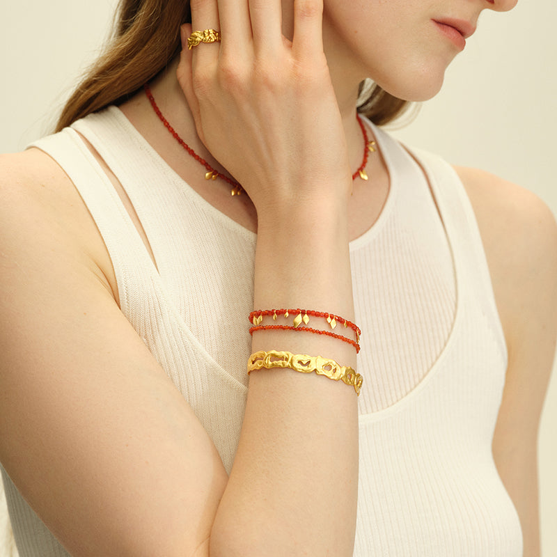 OINICIO Seed Gilt Leaf Red Agate Double-Layer Chain Bracelet