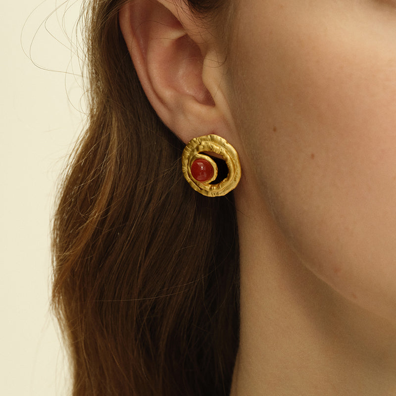 OINICIO Gold Curled Fern Gemstone Stud Earrings