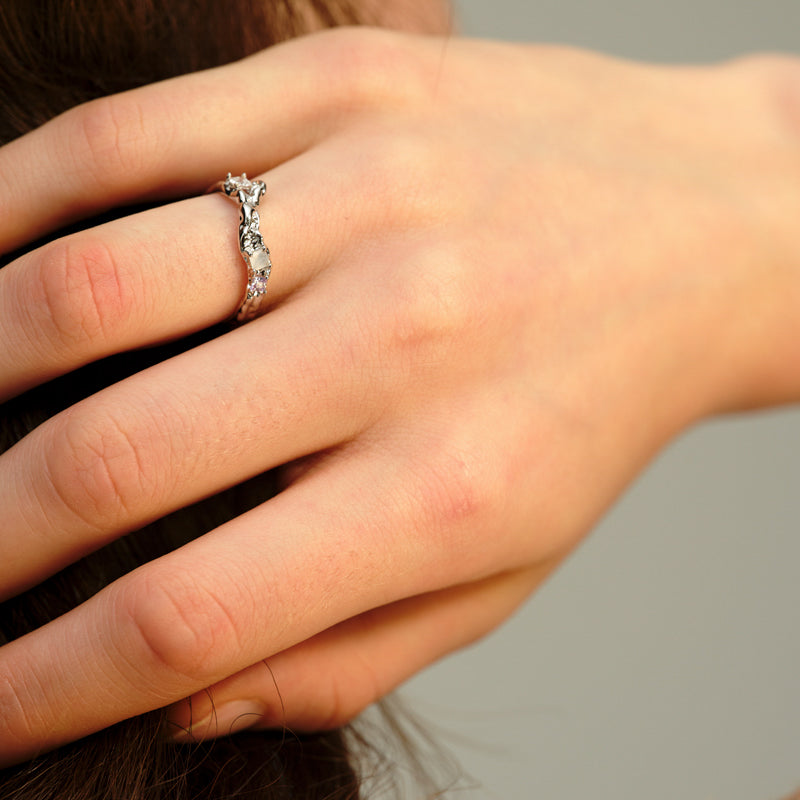 OINICIO Moonquake Silver Blue Striped Agate and Zircon Hollow Ring