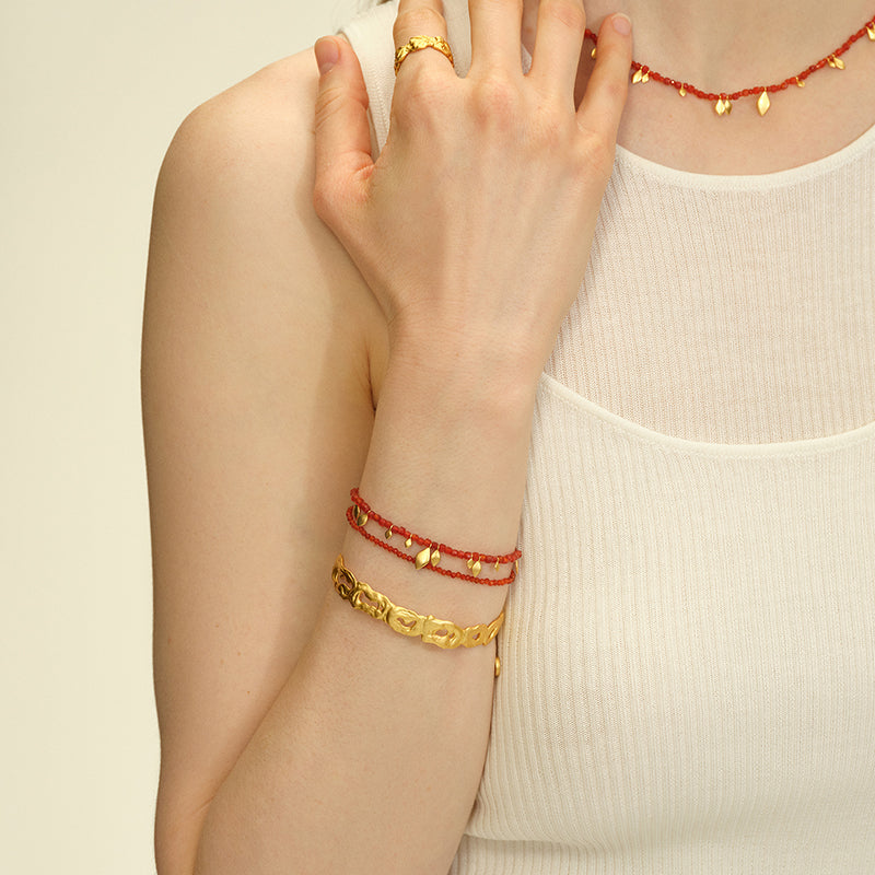 OINICIO Seed Gilt Leaf Red Agate Double-Layer Chain Bracelet