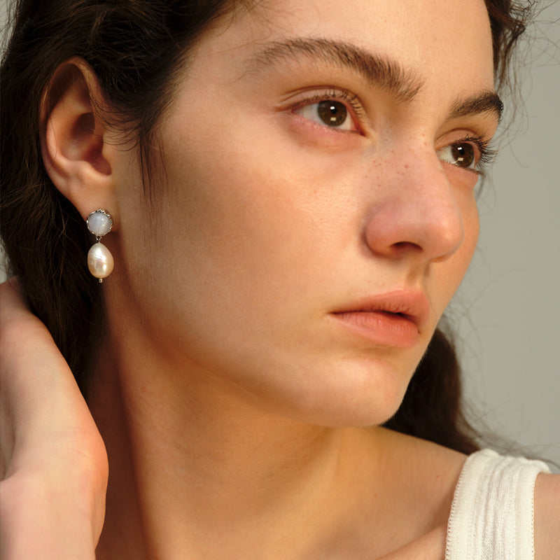 OINICIO Moonquake Blue Striped Agate and Baroque Pearl Pendant Earrings