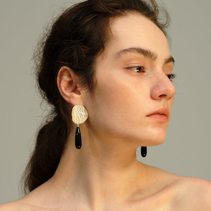 OINICIO Moonquake Round Black Agate Teardrop Earrings