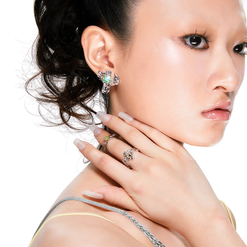 OINICIO Mumbling Yellow-Green Zircon Liquid Texture Open Ring