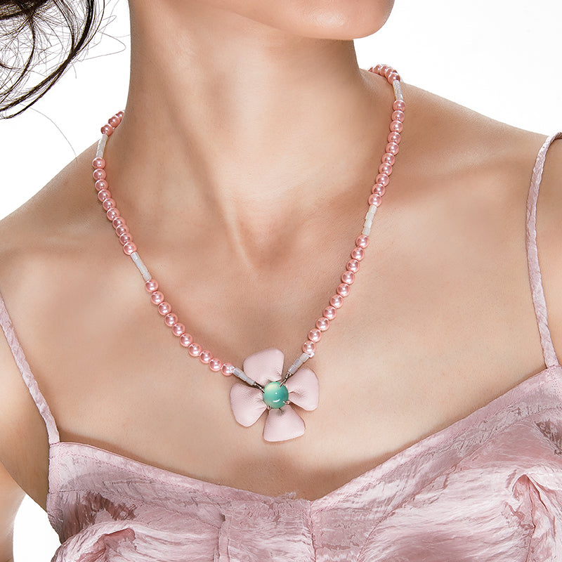 OINICIO Comfort Zone Pink Leather Flower Necklace with Prasiolite and Shell Pearls
