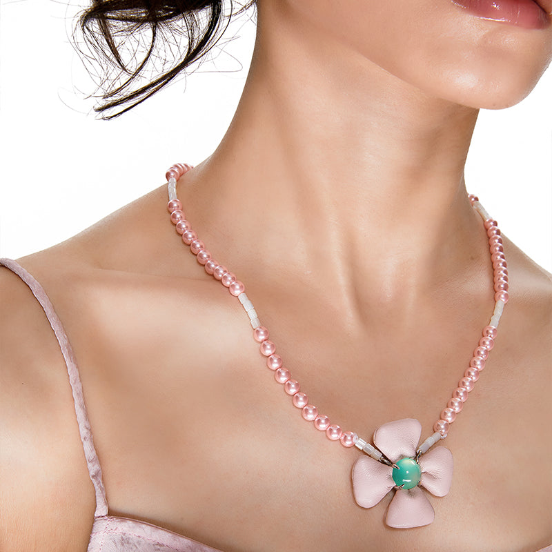 OINICIO Comfort Zone Pink Leather Flower Necklace with Prasiolite and Shell Pearls