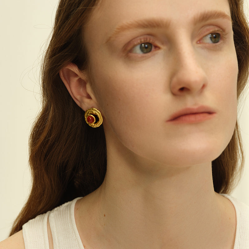 OINICIO Gold Curled Fern Gemstone Stud Earrings