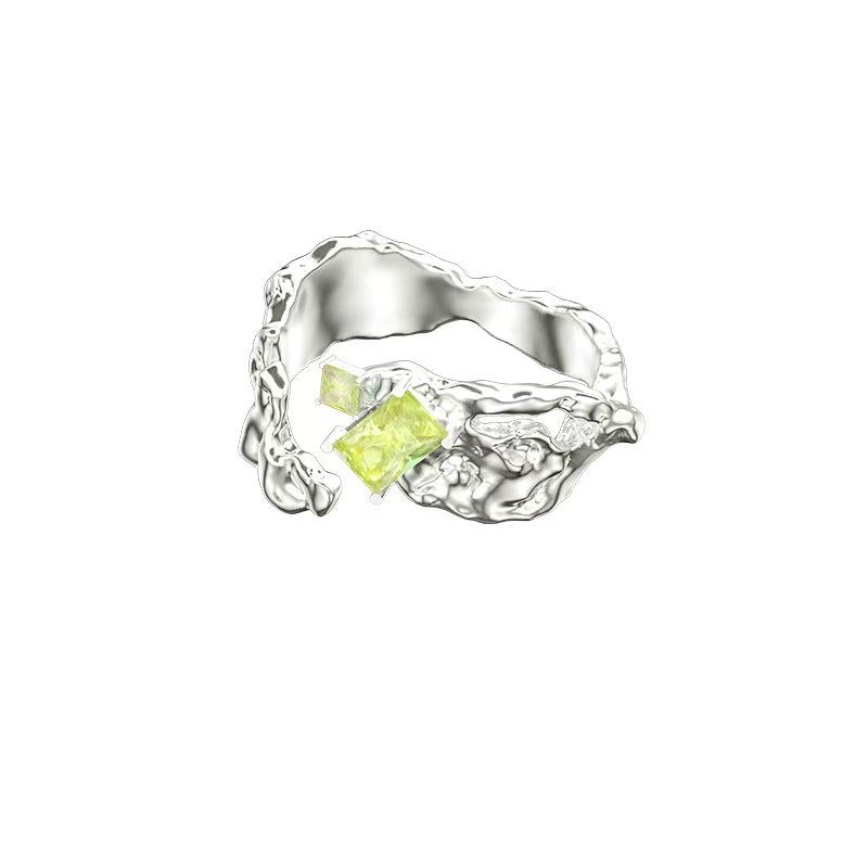 OINICIO Mumbling Yellow-Green Zircon Liquid Texture Open Ring