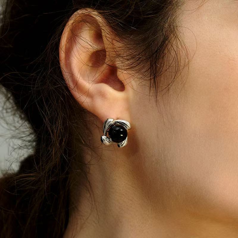 OINICIO Sunflower Black Agate Stud Earrings