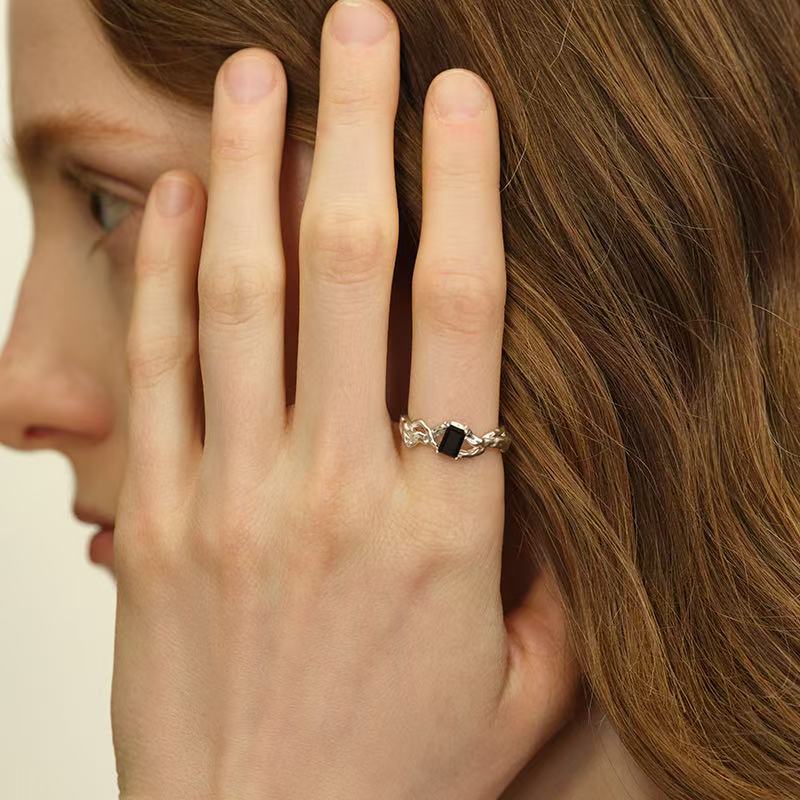 OINICIO Moonquake Black Agate Openwork Interlocking Ring #13