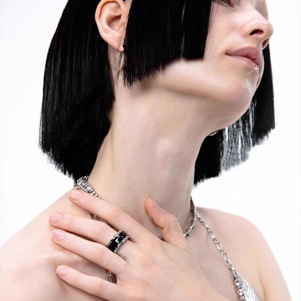 OINICIO Women's Sediment Black Wide Ring with Zirconia, Size 15#