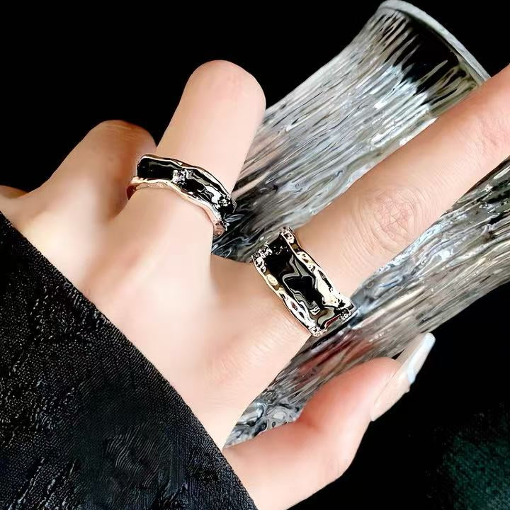 OINICIO Women's Sediment Black Wide Ring with Zirconia, Size 15#