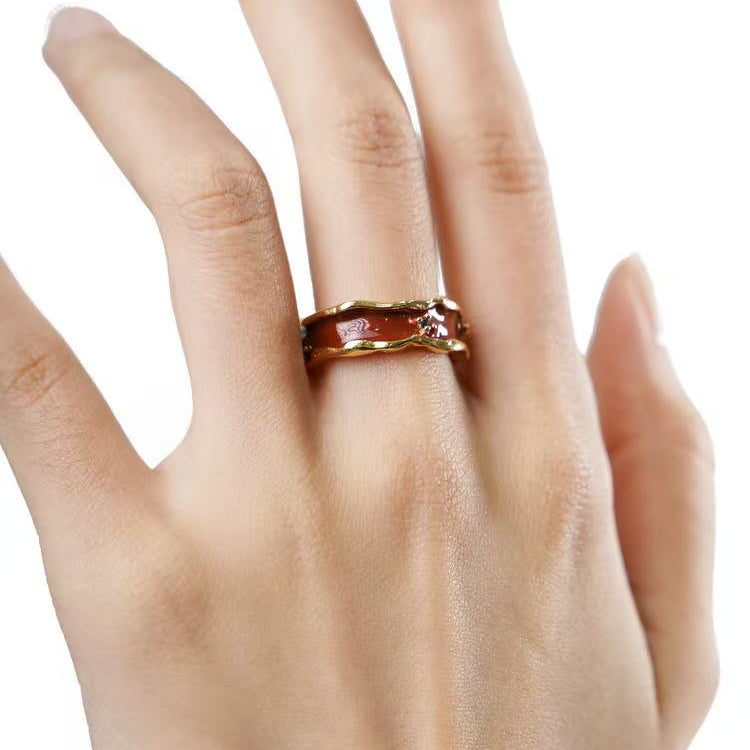 OINICIO Sediment Red Epoxy Resin Zircon Ring, Size 15#